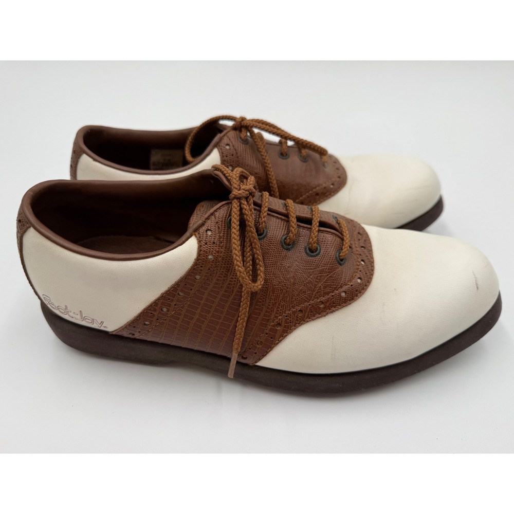 FootJoy GreenJoys Mens 8 M Golf Shoes White Brown Saddle Oxford 45260 Spiked